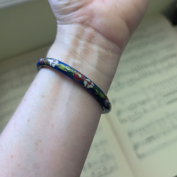 Floral Blue Bangle Cloisonne Bracelet - Picture 2 of 12